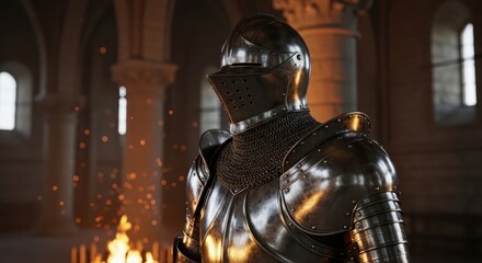 Medieval Knight Armor Displayed in Grand Hall Amidst Ethereal Light and Ancient Architecture