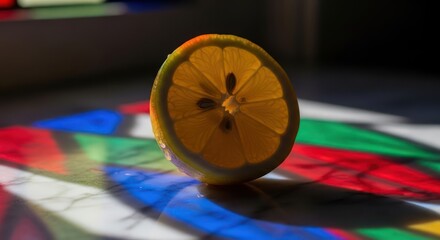 Translucent lemon slice on a vibrant spectrum of light illuminating a textured surface