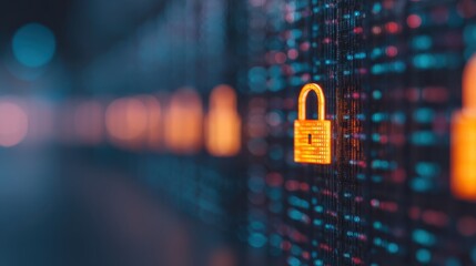 A digital illustration featuring glowing padlocks against a backdrop of binary code, symbolizing cybersecurity and data protection.
