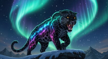 Fearsome black panther with electric hues under the aurora borealis mesmerizing artistic expression