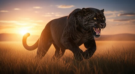 Fearsome black panther prowls through golden grasslands at vibrant sunset hour