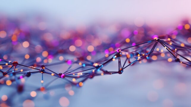 An abstract illustration of interconnected nodes and glowing dots, creating a vibrant network of colors in a digital space.