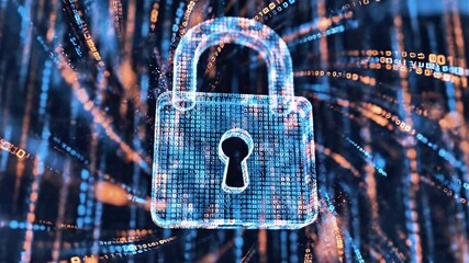 Futuristic padlock centered amid swirling blue data streams, signaling cybersecurity protection. now - Powered by Adobe