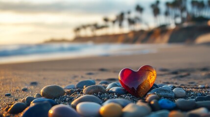 shiny colorful heart shaped pebbles washed up on a California beach with palm trees in the distant background