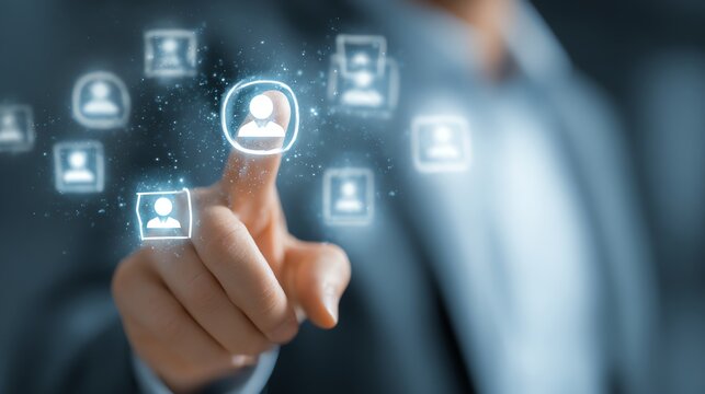 A businessman interacting with digital user icons on a virtual interface, showcasing modern technology and networking advancements in the digital age. - Powered by Adobe