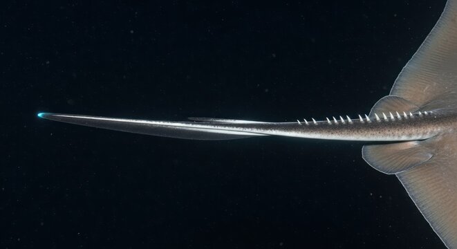 Serene underwater view featuring the distinctive saw of a sawfish in deep ocean waters