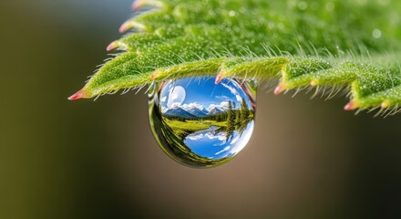 Pristine landscape mirrored within a fragile droplet clinging to a verdant leaf edge