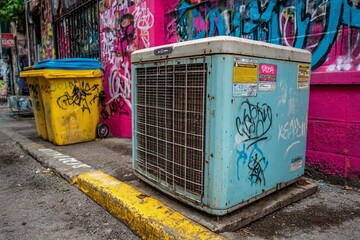 Outdoor Air Conditioner Unit Against a Colorful Urban Backdrop Covered in Graffiti Generative AI