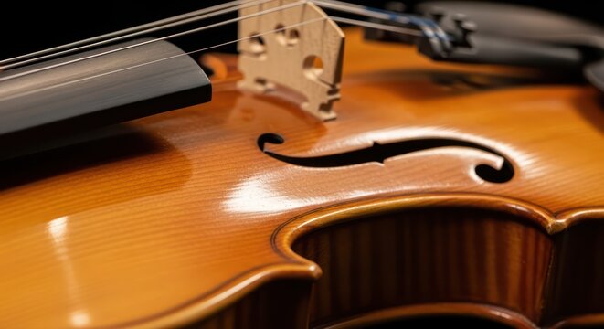Captivating detail of a violin's body showcasing its exquisite wood grain and craftsmanship