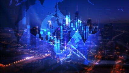 Futuristic Cityscape with Digital Financial Graphics and World Map Overlay