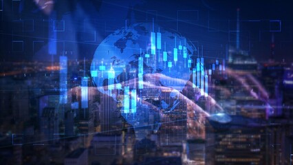 Futuristic Digital Globe and Cityscape with Blue Financial Graphs