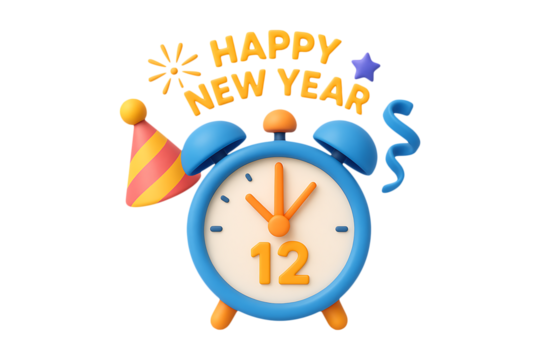 New Year Countdown Alarm Clock 3D Icon Isolated on a Transparent Background