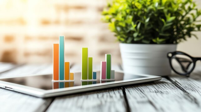 A stylish tablet displaying colorful bar graphs sits on a wooden table next to a potted plant and glasses, highlighting the fusion of technology and nature in modern workspaces.