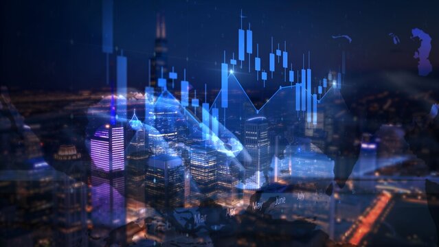 Cityscape with Futuristic Financial Graph Overlay at Night Skyline View - Powered by Adobe