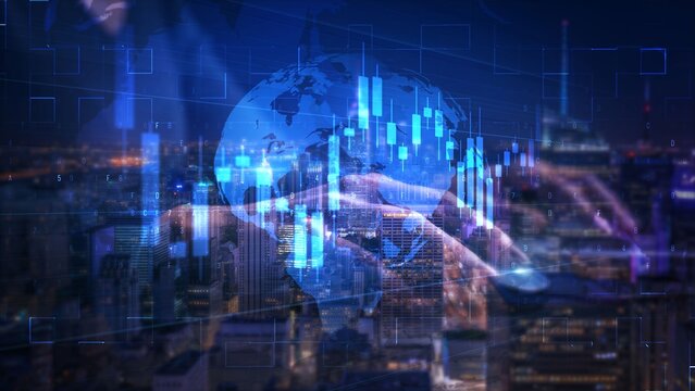 Futuristic Digital Globe and Cityscape with Blue Financial Graphs