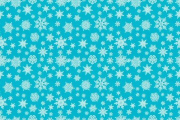 Christmas seamless pattern &ndash; white snowflakes of various shapes and sizes on bright turquoise background. Elegant winter design for seasonal wrapping, textiles.