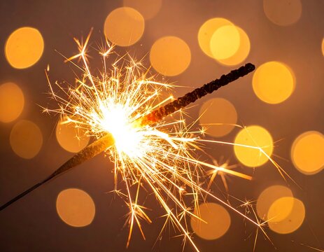 Glowing sparkler creates light trails against an orange bokeh backdrop