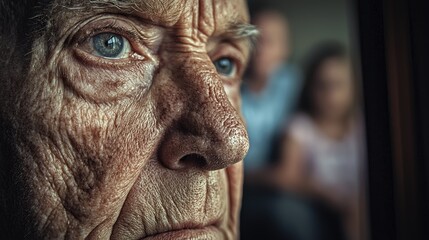 Senior person gazing thoughtfully out the window, reflecting on moments of solitude and connection with family nearby