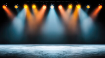 Concert stage lights create a vibrant atmosphere with blurred colors during a live music performance at dusk or night
