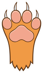Cartoon graphic of a light brown orange paw print with claws and brown outline for illustrations and designs