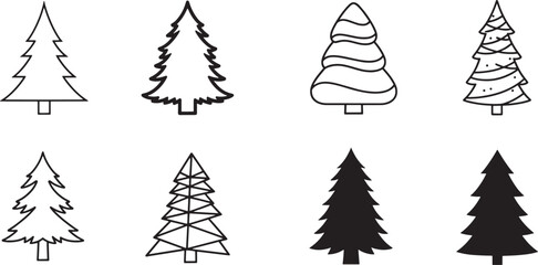 Collection of diverse christmas tree vector icons, featuring outlined and solid black fir trees for festive holiday designs and winter decorations Vector