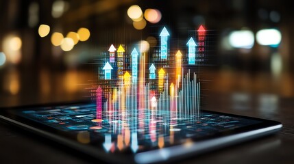 A digital tablet displaying colorful upward arrows representing growth and data analysis, illuminated by ambient lighting, emphasizing technology's role in modern business.