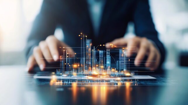 An executive analyzing digital financial data with vibrant graphs and charts, symbolizing modern business analytics and decision-making processes in a high-tech workspace.