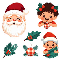 Cute Christmas Characters and Festive Holiday Elements Set with Santa, Kids, Holly, Pine, and Ornaments on Black Background