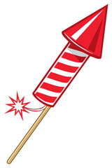 Red striped bottle rocket with a lit fuse ready to launch for a holiday celebration