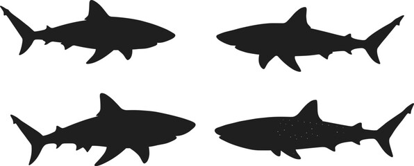 Collection of detailed shark silhouettes featuring various species and swimming poses, bold marine wildlife vector illustration set for ocean themed designs