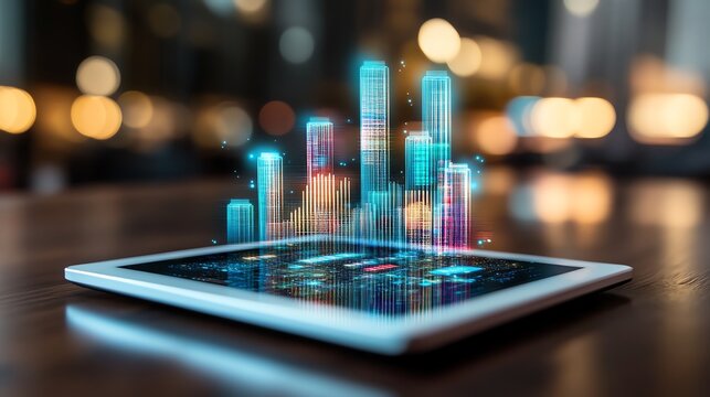 A futuristic tablet displaying holographic skyscrapers, symbolizing urban development and smart technology. Ideal for illustrating innovation in the digital age and smart cities.