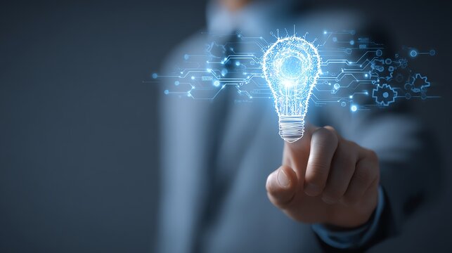 A businessman touches a glowing light bulb symbolizing innovative ideas and technology. The image represents creativity, inspiration, and the future of digital solutions. - Powered by Adobe