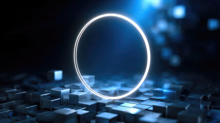 Futuristic glowing circle portal on metallic cube surface, blue neon light, digital technology, mysterious atmosphere