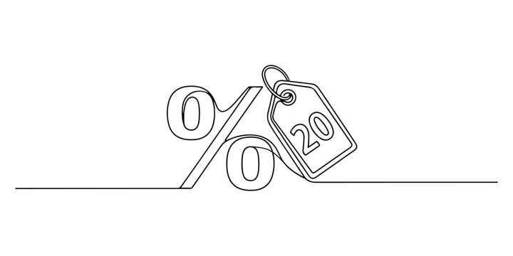 Continuous one line of a percentage discount icon, representing promotional strategies, sales events, and customer incentives, drawn vector illustration.