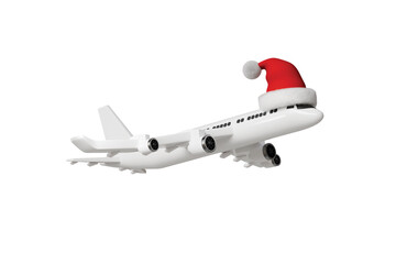3d airplane with santa hat icon. christmas travel concept. Minimal cartoon plane jet airliner xmas for holiday flight sale and travel banner. isolated on white background. 3d render.