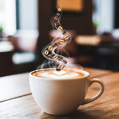 White coffee cup with latte art and rising coffee beans in steam