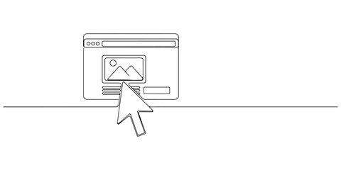 Continuous one line of a cursor pointing at a product page, representing web navigation, conversion optimization, and user interaction, drawn vector illustration.