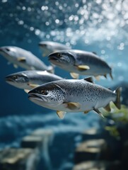 Naklejka premium Vivid underwater scene showcasing diverse fish species swimming in vibrant aquatic environment with natural habitat, colorful marine life, and dynamic oceanic ecosystem