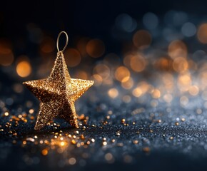 Elegant gold star ornament decoration with glittering shine, festive holiday decor for Christmas and New Year celebrations, shimmering background with lights