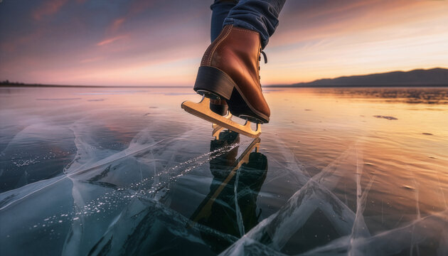 Low Angle Close Up of Ice Skate Blade Cutting Clear Ice at Sunset