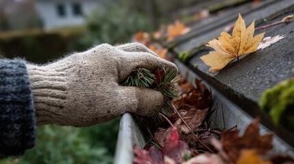 Seasonal autumn outdoor scene featuring a gardener raking colorful fall leaves in a garden with natural outdoor environment and outdoor activity