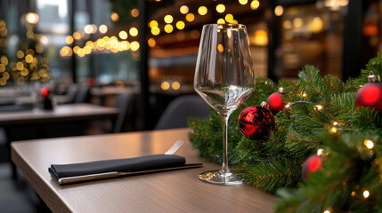Restaurant table set for Christmas dining, featuring an elegant wine glass and festive garland with red ornaments, creating a warm and inviting holiday atmosphere