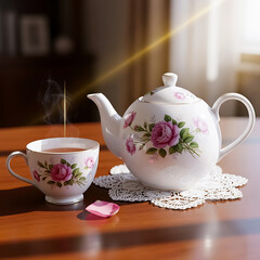 White porcelain teapot and teacup with pink roses on wooden tabl