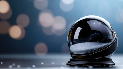 Black futuristic snow globe rests on undulating snow, warm reflections glowing against a dark backdrop for a minimalist, modern holiday scene perfect for seasonal design