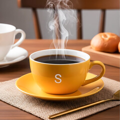 Yellow coffee cup with steam and saucer on burlap yellow cup hot