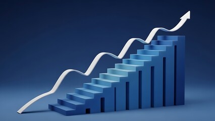 Growth chart with stairs and rising arrow illustration in blue color