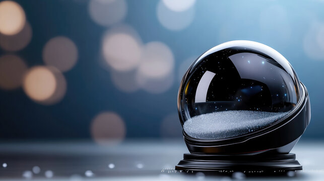 Black futuristic snow globe rests on undulating snow, warm reflections glowing against a dark backdrop for a minimalist, modern holiday scene perfect for seasonal design