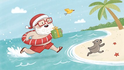 Summer christmas santa claus in swim ring on a tropical beach with gift