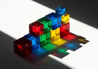 Obraz premium Colorful Transparent Cubes Stacked Forming Geometric Tower with Vibrant Light Shadows.