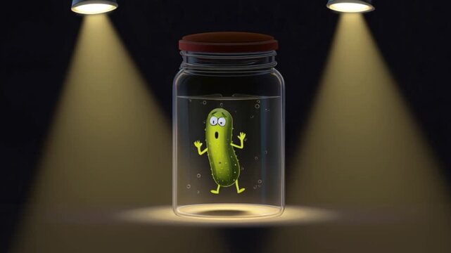 4k footage a cartoon pickle character trapped inside a clear glass jar illuminated by dramatic spotlights, playful animation concept with funny vegetable mascot in humorous scene showcasing creative v